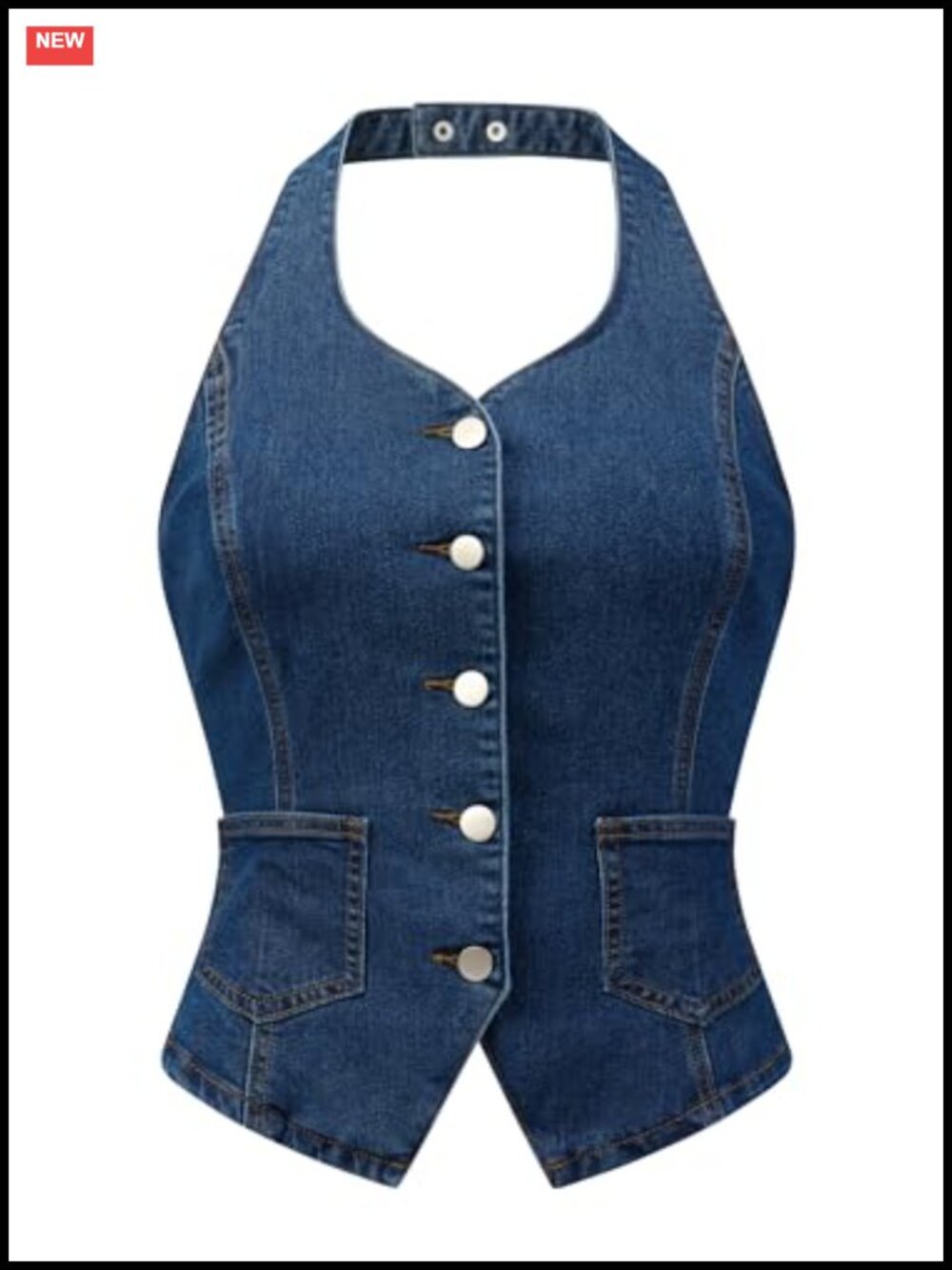 Women's Denim Vest Halter Neck Button Down Backless Jean Waistcoat